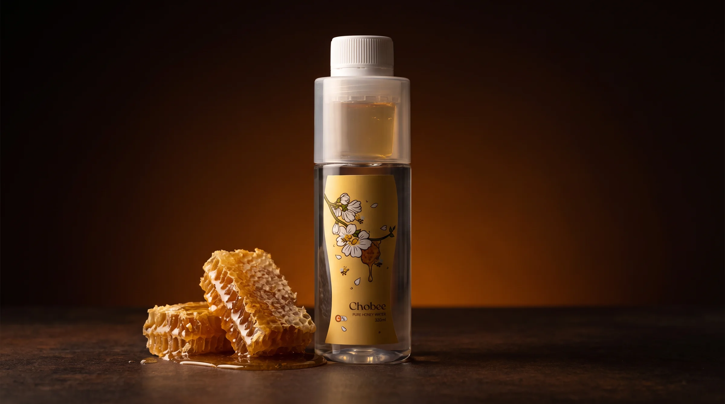 Raw honeycomb beside a bottle of CHOBEE Pure Honey Water, lit against a deep amber backdrop